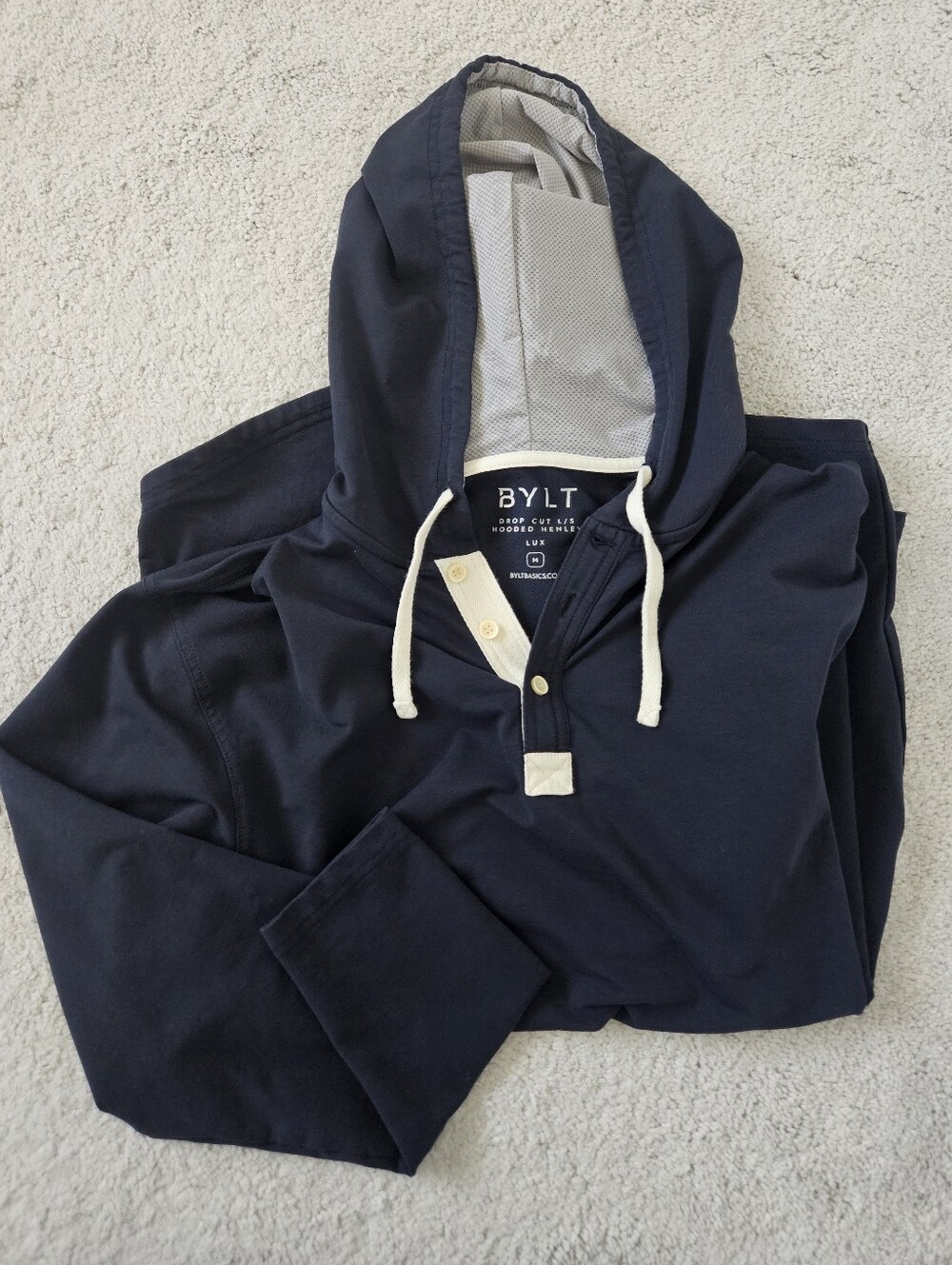 BYLT | Drop Cut L/S Hooded Henley Lux Navy Blue Pullover Mens Medium